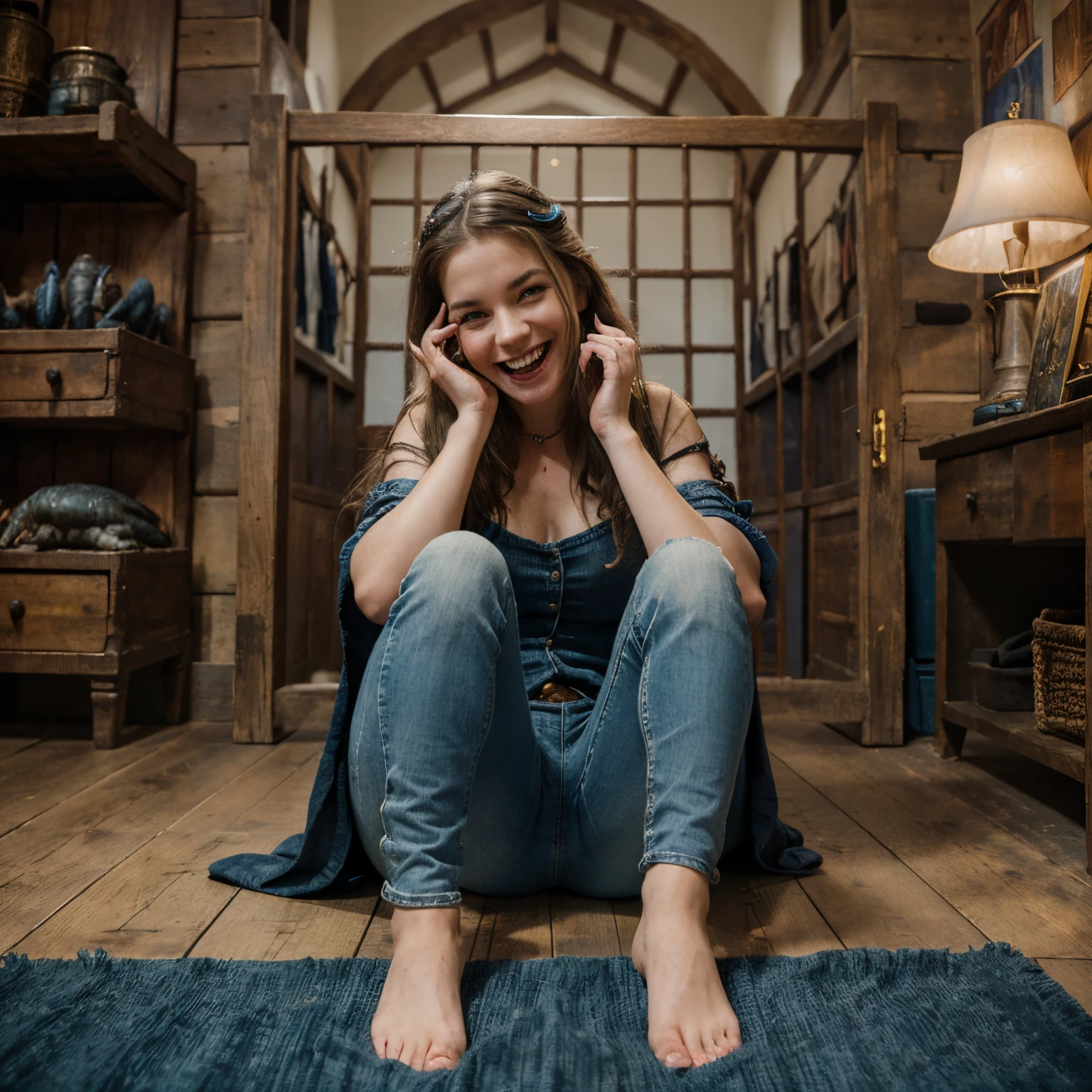 girl,bluejeans,fully clothed,medieval stocks,laughing,bare feet,feather,tickling,style:Tim Jacobus Goosebumps painting,colorful,laughter,surrounded by creepy creatures,locked up,light-hearted,gothic vibes,classic children's book,magical elements,whimsical touch,sketch-like details,vivid colors,vibrant hues,humor,innocence,total masterpiece:1.2,high quality,ultra-detailed,realistic,studio lighting