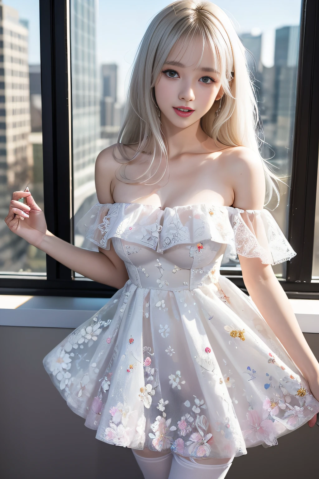 portlate、bright expression、Young shiny shiny white shiny skin、Best Looks、ultimate beauty girl、The most beautiful platinum blonde hair in the world、shiny light hair,、Super long silky straight hair、Beautiful bangs that shine、Glowing crystal clear attractive blue eyes、Very beautiful nice cute 16 year old girl、Lush bust((Girl Standing In Office)）、 Silver hair, Bangs, Blunt bangs, Long straight hair, aqua eyes, longeyelashes, Solid Circle Eyes, makeup, Open mouth, blush, Parted lips, Bright pupils, smiley, Seductive smile, glint, surrealism, Modern、Black pantyhose、high-heels、（(Pure white dress、Floral dress、、off shoulders、up skirt: 1.6)）、Skyscrapers are hazy in the windows、mix４、