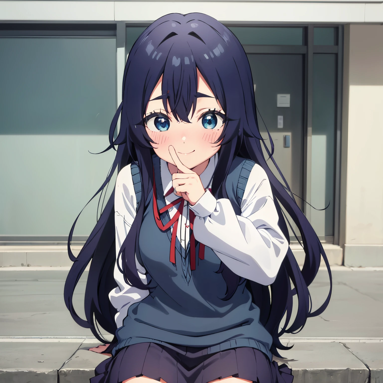 pov(from below),1girl,alone,shizuka Yoshimoto, long hair, dark blue hair, blue eyes, ribbon on neck, red ribbon, white shirt, black skirt, embarrassed, smiling, long sleeves, school uniform, bracelet, vest sweater type, classroom, point of view, selfie, smile, blush all over the face, sitting, sitting at desk, legs crossed, 1 girl, (masterpiece: 1.3), (high resolution), (8K), ( extremely detailed), (4k), (pixiv), perfect face, pretty eyes and face, (best quality), (super detailed), detailed face and eyes, (only), textured skin, absurd, high resolution, small breasts, small waist, medium thighs