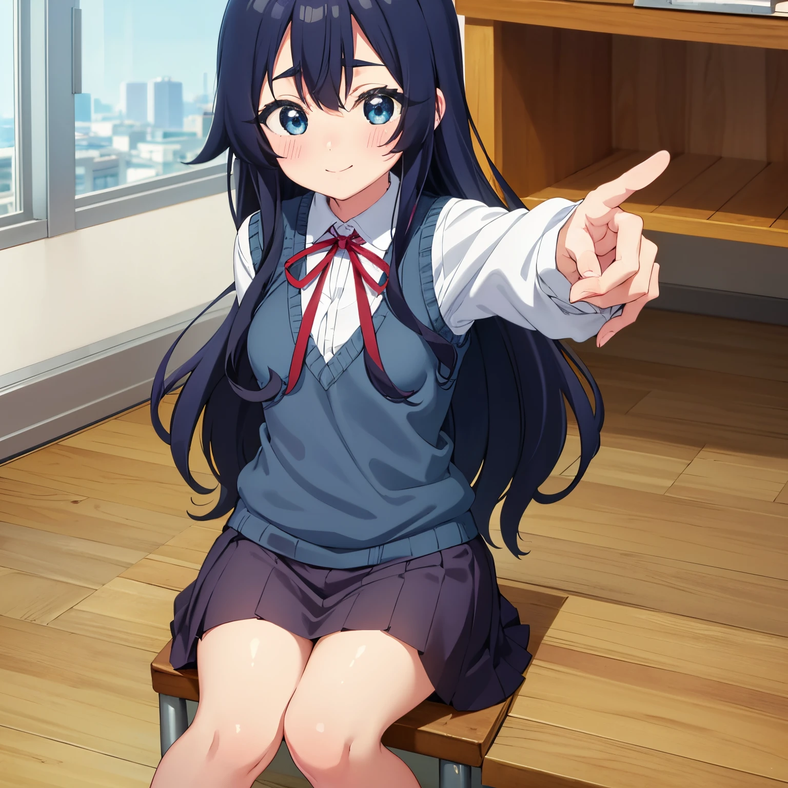 pov(from below),1girl,alone,shizuka Yoshimoto, long hair, dark blue hair, blue eyes, ribbon on neck, red ribbon, white shirt, black skirt, embarrassed, smiling, long sleeves, school uniform, bracelet, vest sweater type, classroom, point of view, selfie, smile, blush all over the face, sitting, sitting at desk, legs crossed, 1 girl, (masterpiece: 1.3), (high resolution), (8K), ( extremely detailed), (4k), (pixiv), perfect face, pretty eyes and face, (best quality), (super detailed), detailed face and eyes, (only), textured skin, absurd, high resolution, small breasts, small waist, medium thighs