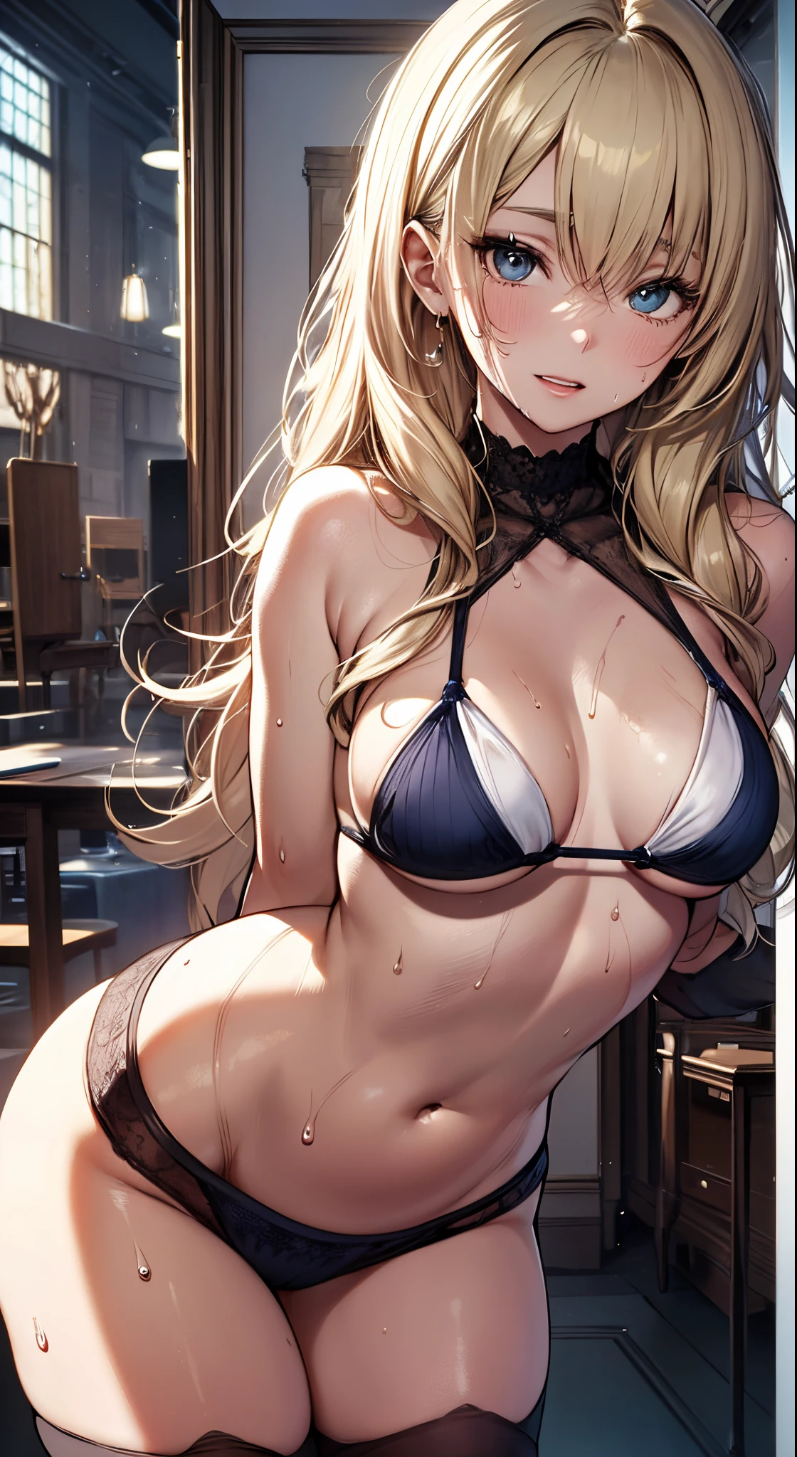 8K、4K,、high-level image quality、top-quality、supreme1People Girls,hightquality,A detailed face、A detailed eye、Detailed nose、Detailed mouth、 Beautiful expression, ((masuter piece)), ((High resolution)), ((Best Quality)), detail, (Excited face.Very happy,), ((Sweaty skin、Lustrous skin)), (Knitted Bikini:1.3、Stockings:1.3)、 girl with, a blond, (Half Twin Tail)、((:1.5))、fair white skin:1.3、、Smaller chest, cinmatic lighting, perfectly shaded,(((inside in room:1.2))), Realistic lighting with shades,Reflecting the whole body