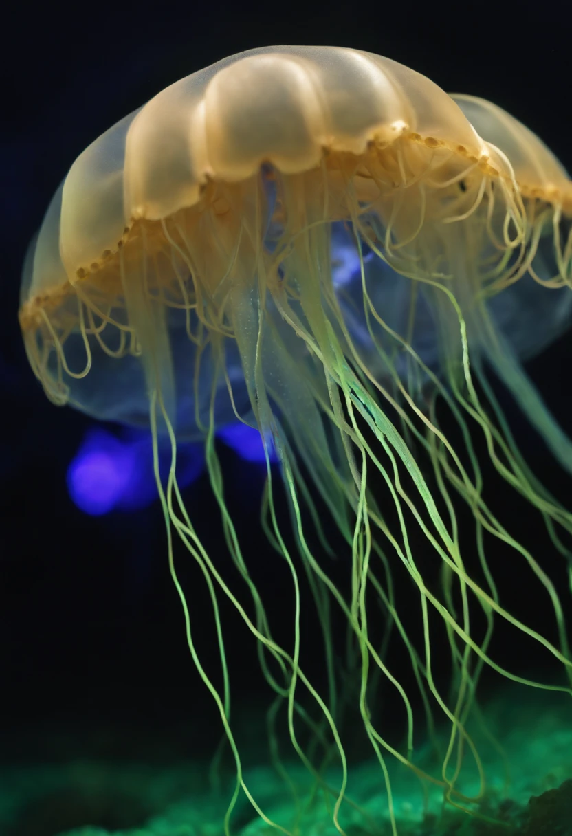 ButterflyEffect capturing a mesmerizing shot of a group of glow-in-the-dark jellyfish in a bioluminescent bay.,original,ButterflyEffect has long hair and wire rim glasses. He has a hook nose and bright green eyes.