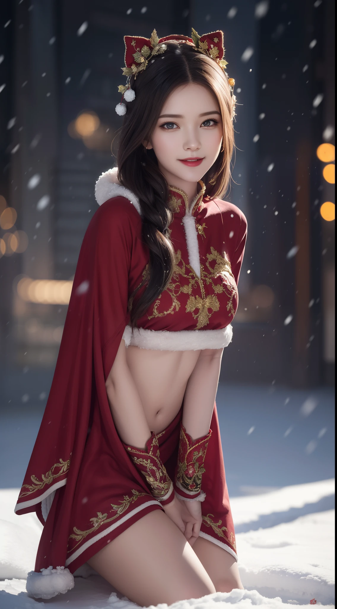 (Masterpiece), (absurderes), Cowboy shot, Shiny skin, Girl, Solo, pupils sparkling, long eyelasher, Closed mouth, Light smile, Long hair, Striped hair, Wavy hair, Chinese belly pocket,(Red plush cloak:1.2),view the viewer, self-shot, (Snow,the night,Bright old temple:1.3), Cinematic lighting,(Ultra-realistic textile textures),