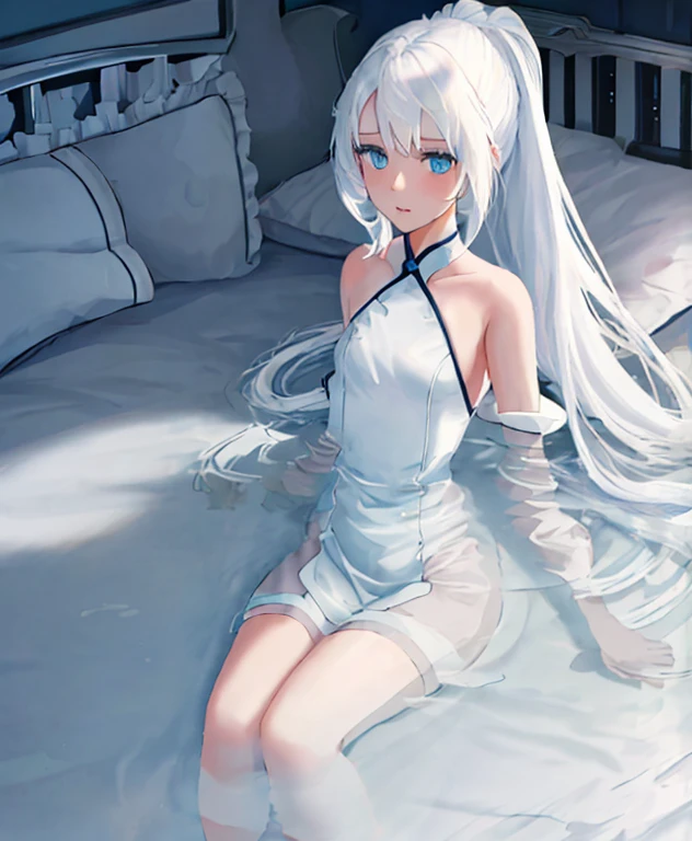 1girl, straight white hair, long hair, on bed, flat chest, slim, loli, young, anime, beautiful lighting, dandere, backlit, water caustics, sanitary, white, clean, blue lit