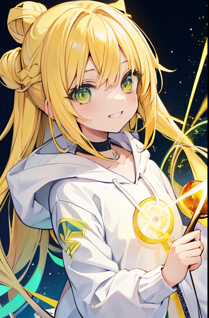 Cute girl with yellow hair yellow-green eyes White hoodie Grins magic circles Holding a wand Super long hair stele Meteor swarm