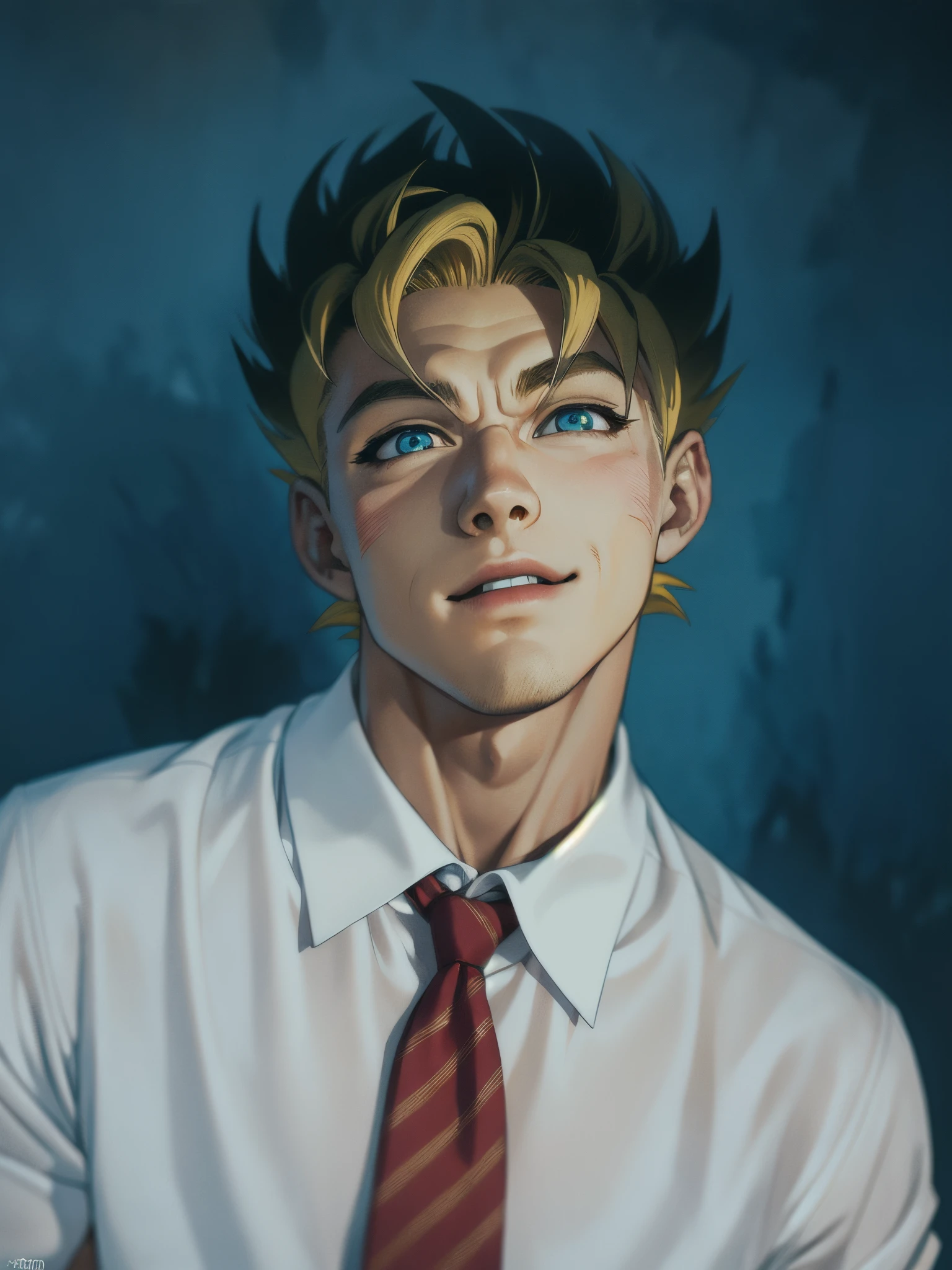 arafed man in a white shirt and red tie posing for a picture, HD, (Masterpiece), (Photo:1.3),High Quality, High Resolution, Smile, Perfect Lighting, Masterpiece, beautiful, ((SuperSaiyan)), cowboy shot, ((blonde hair:1.3)), super saiyan, (spiked hair),detailed face, detailed eyes,