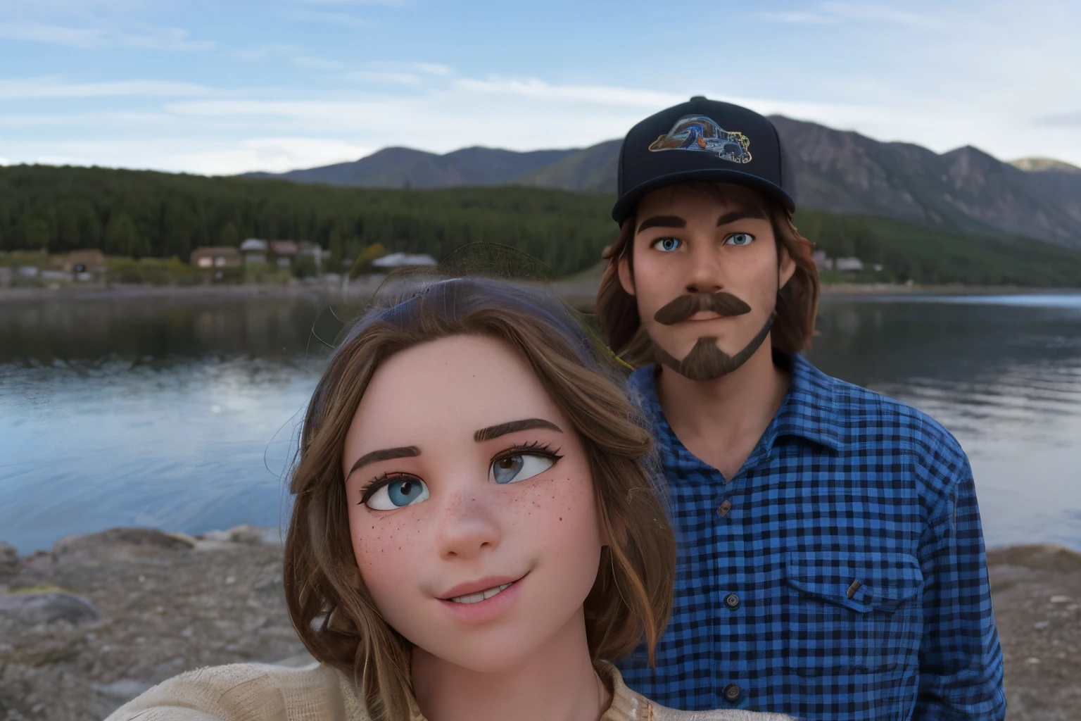 Mountains and lake background, man with mustache and beard and brown hair wearing a blue plaid flannel shirt and a black baseball hat with an aztec fish on it, and a girl with light brown hair wearing a cream colored sweater and that has a few freckles and blue eyes