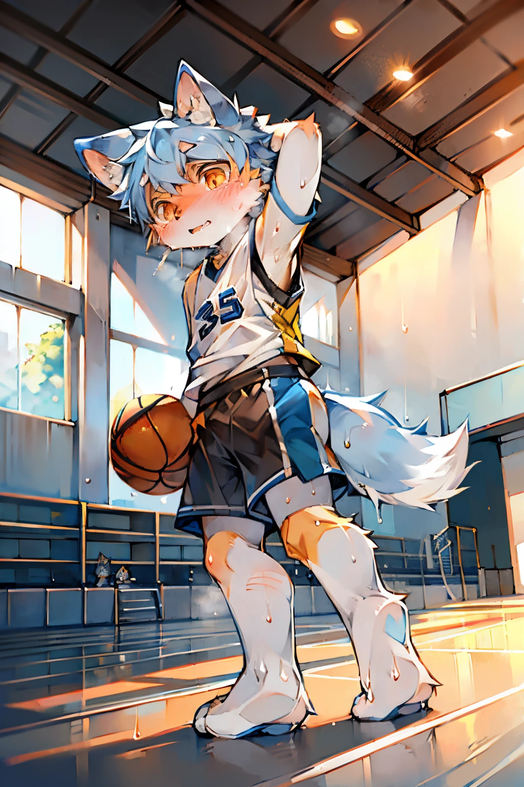 masterpiece, high quality, absurd res, digital painting \(artwork\), by dagasi, yupa,kiyosan,(fluffy fur:1.1),(bright:0.8),anthro male cat. (orange eyes,Gray blue fur, full body fur, cat snout:1.2), bright eyes,panorama,character focus.detailed background,(Yellow basketball jersey, sweating,dribble, playing basketball:1.2),(indoor, basketball court:1.2)