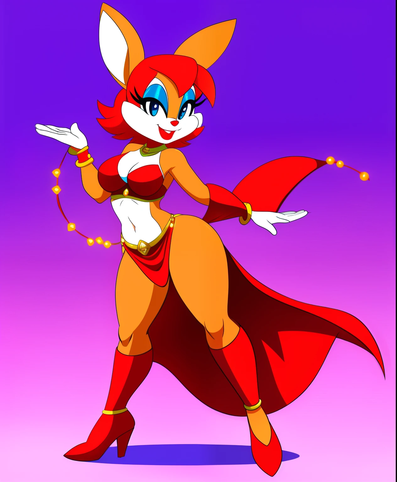 Rouge the female kangaroo, red colored belly dancer, red hair, red lipstick, tiny toons style, full body view