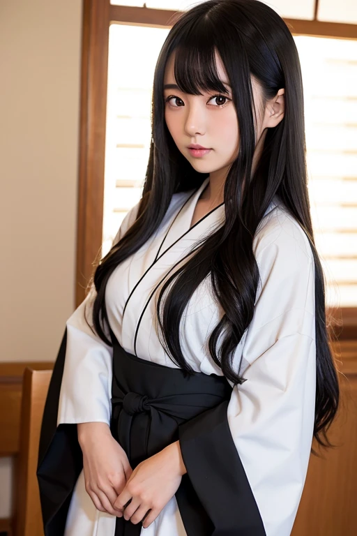 High school girl with long black hair wearing a white kimono and black hakama