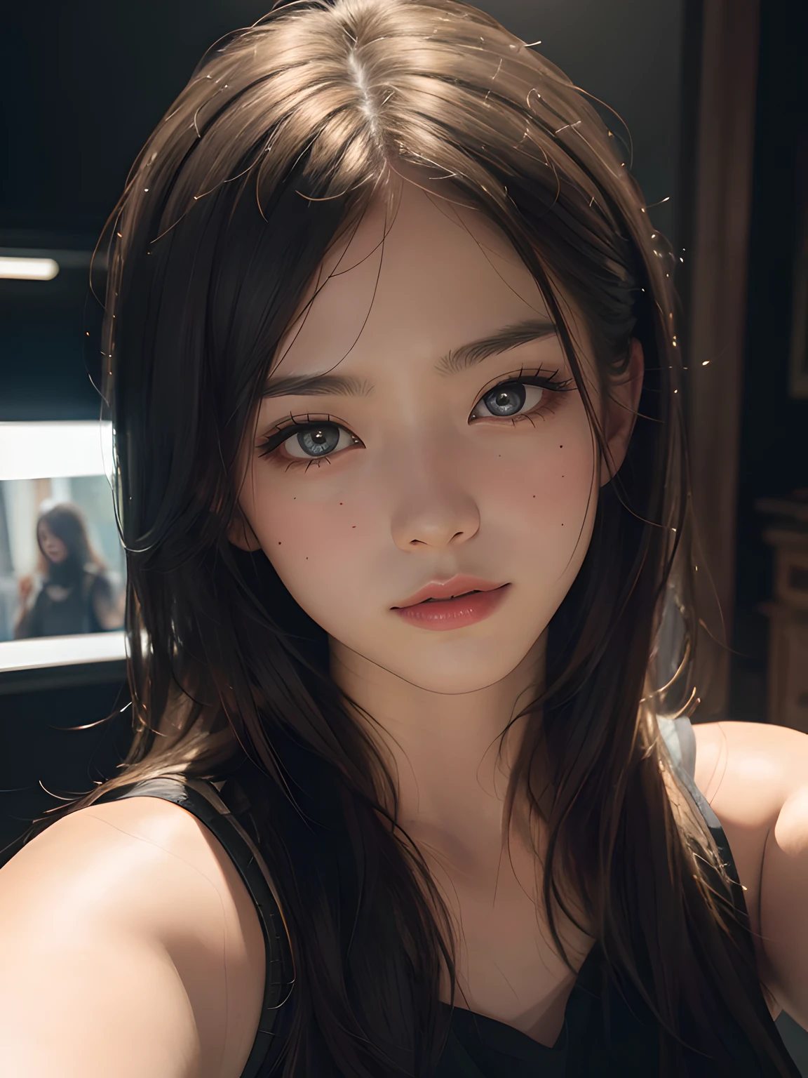 A woman with a slim body. She looks like a Ghibli anime. She has a bright smile. A toned body. The overall image is realistic and photorealistic rendering. The background is a bedroom. A female teenager. A colorful and POP room. A bright room with sunlight.