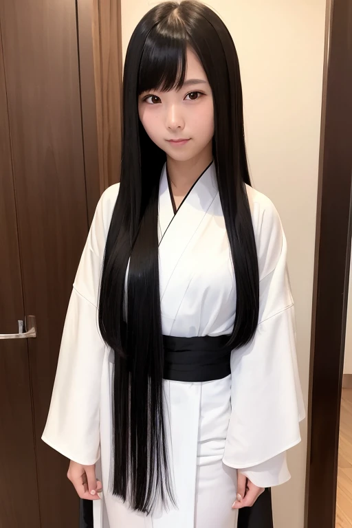 High school girl with long black hair wearing a white kimono and black hakama