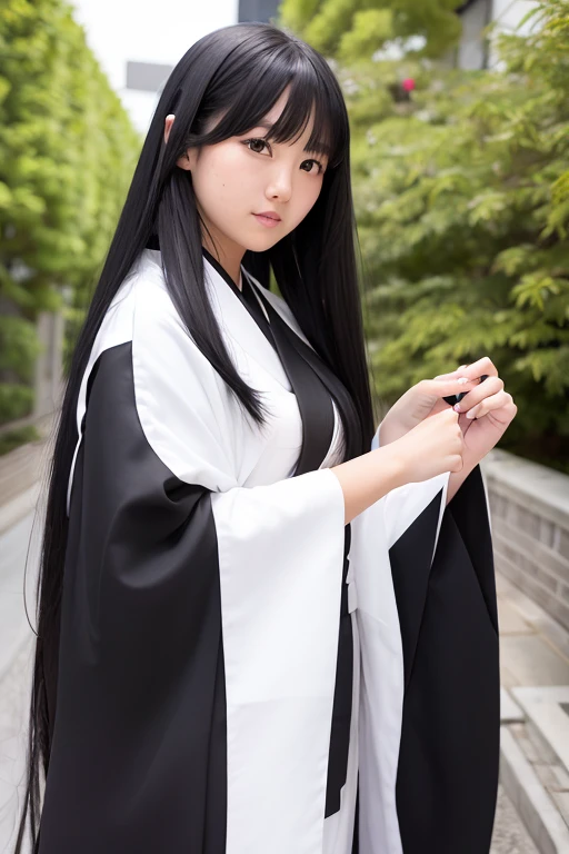 High school girl with long black hair wearing a white kimono and black hakama