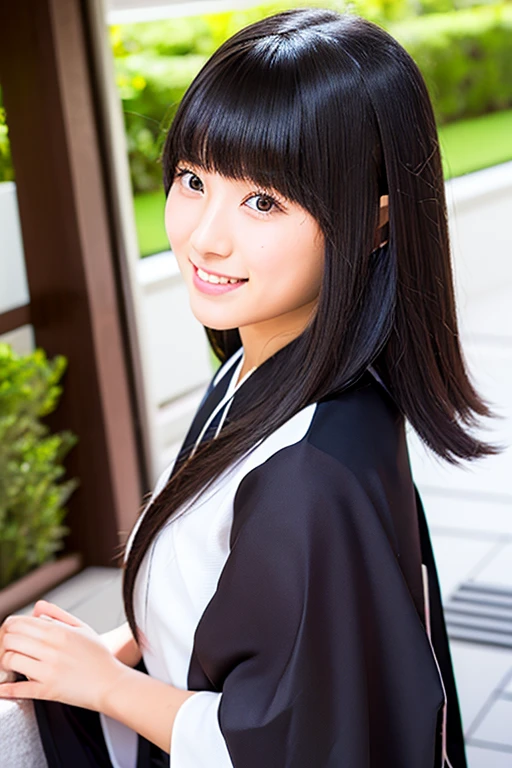 High school girl with long black hair wearing a white kimono and black hakama