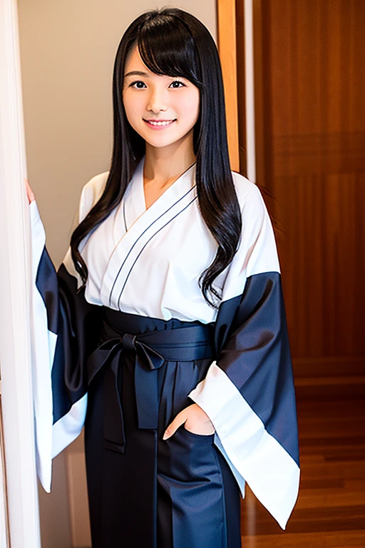 High school girl with long black hair wearing a white kimono and black hakama