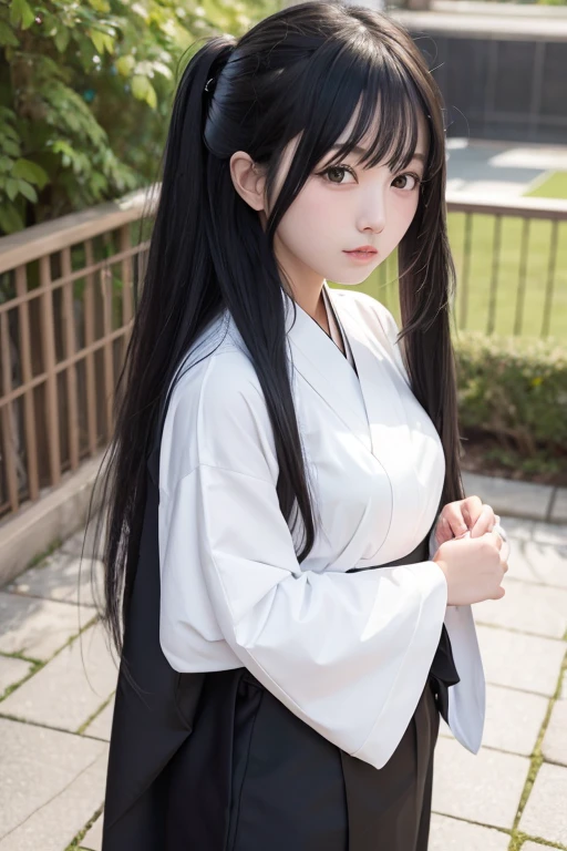 High school girl with long black hair wearing a white kimono and black hakama