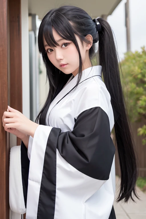High school girl with long black hair wearing a white kimono and black hakama