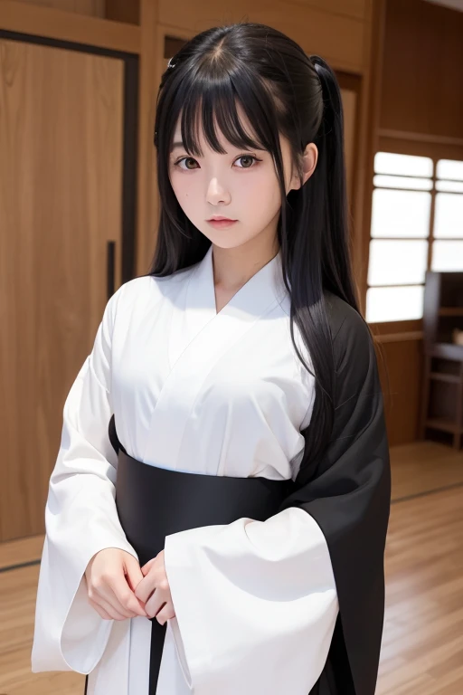 High school girl with long black hair wearing a white kimono and black hakama