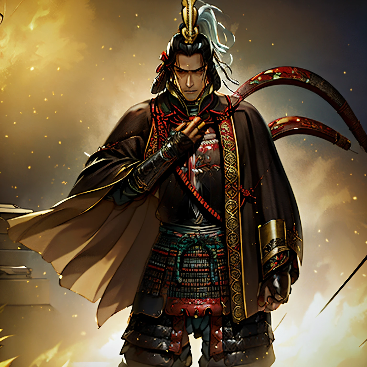 "Create a realistic and detailed image of Oda Nobunaga。, Famous feudal lords of Japan. Capture their fearless and determined expressions, He is depicted wearing traditional samurai armor with his family crest on it.。. The background should reflect the atmosphere of the battlefield, smoke and flames surround him. Artwork brings out the intensity and power of this historical figure."