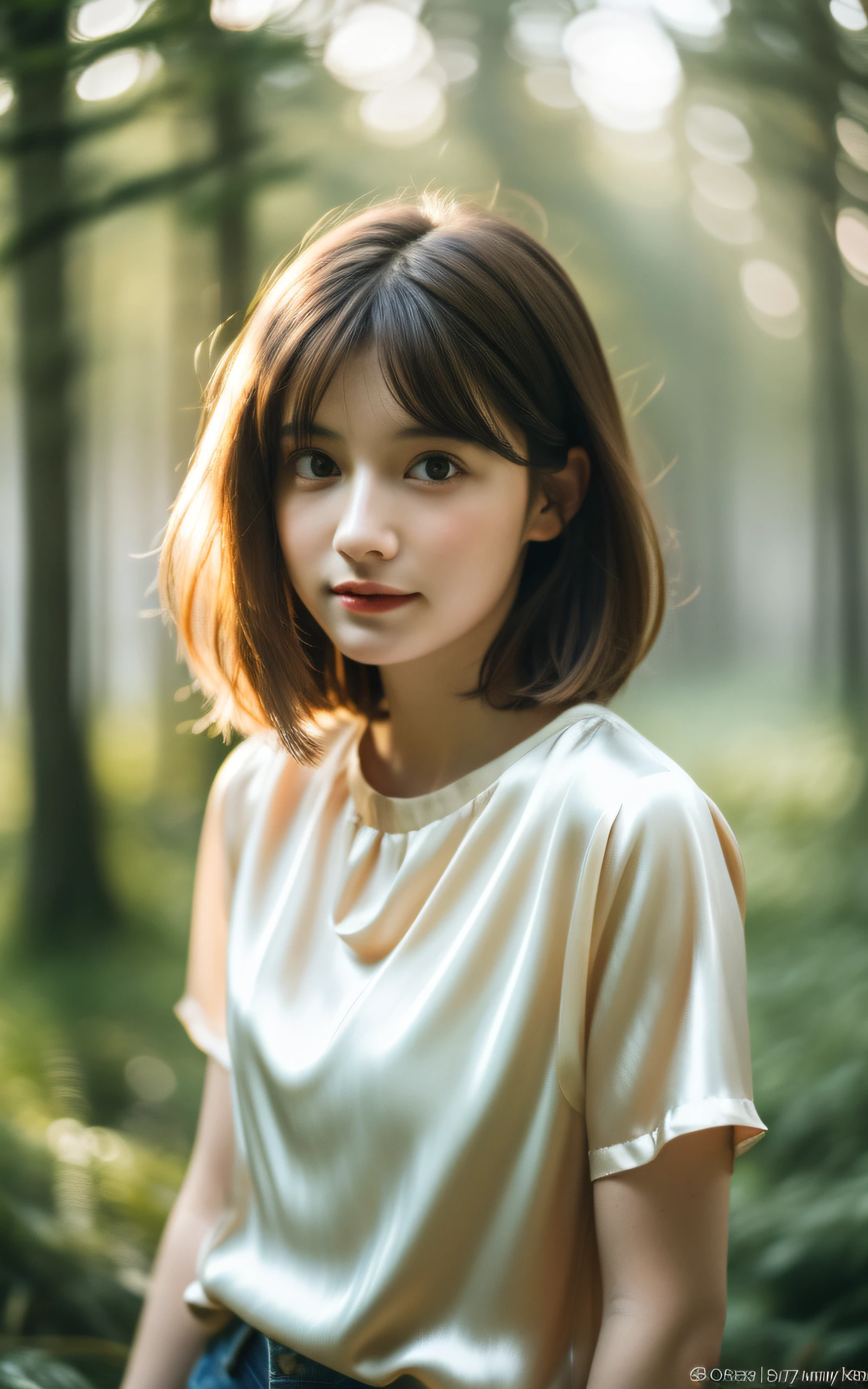 masterpiece, Best Quality, 8K, 1 girl, 20 yo, medium breast, cuddly, Solo, sad, A forest shrouded in mysterious fog, Cute, Girly, Delicate girl, Neat and clean beauty, Raw photo, Professional Photography, Portrait, Soft light, Professional Lighting, Back lighting, Upper body, look forward to your eyes, Sophisticated, Film grain, (Eyes and faces with detailed:1.0), short length floating hair, beautiful brown flowing hair, silk blouse