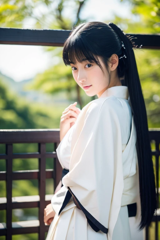 High school girl with long black hair wearing a white kimono and black hakama
