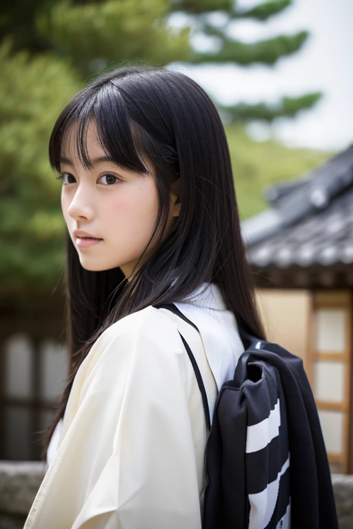 High school girl with long black hair wearing a white kimono and black hakama