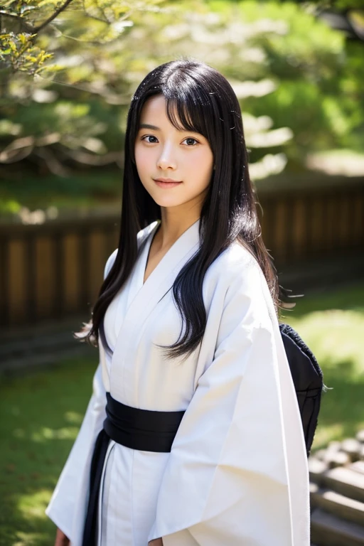 High school girl with long black hair wearing a white kimono and black hakama