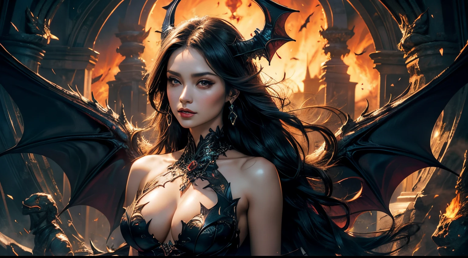 hyper HD,Raised sexy,A mature woman,Dragon's Horn,Large breasts,Bat wings,(Medium portrait:1.8),With volcano as background,Hellfire,mystic symbols,magia,theatrical