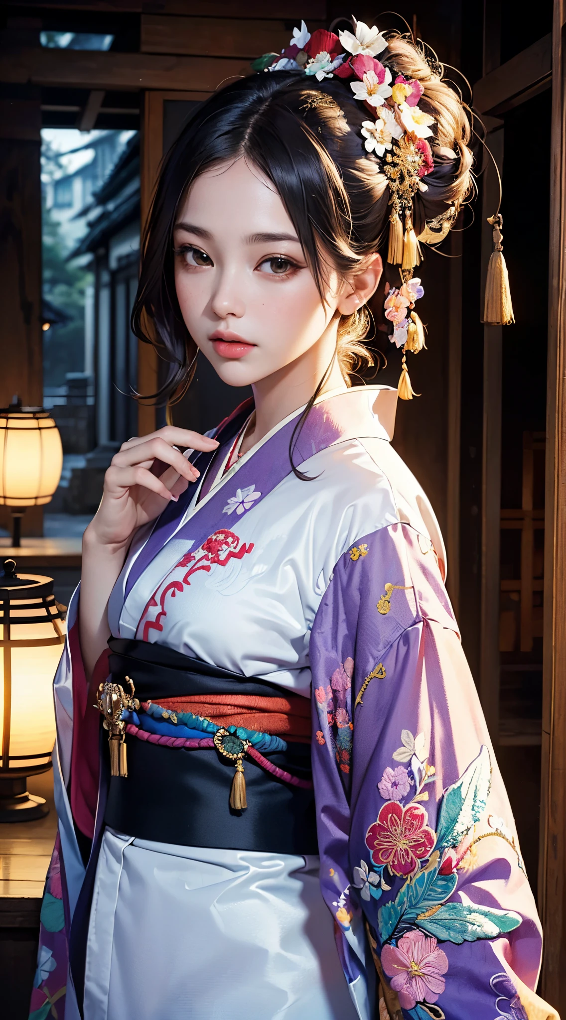 (masterpiece, top quality, best quality, official art, beautiful and aesthetic:1.2), (1girl),elaborate costume(Luxurious Japan kimono(Colorful kimono(detailed embroidery))), extreme detailed,(fractal art:1.3),colorful,highest detailed