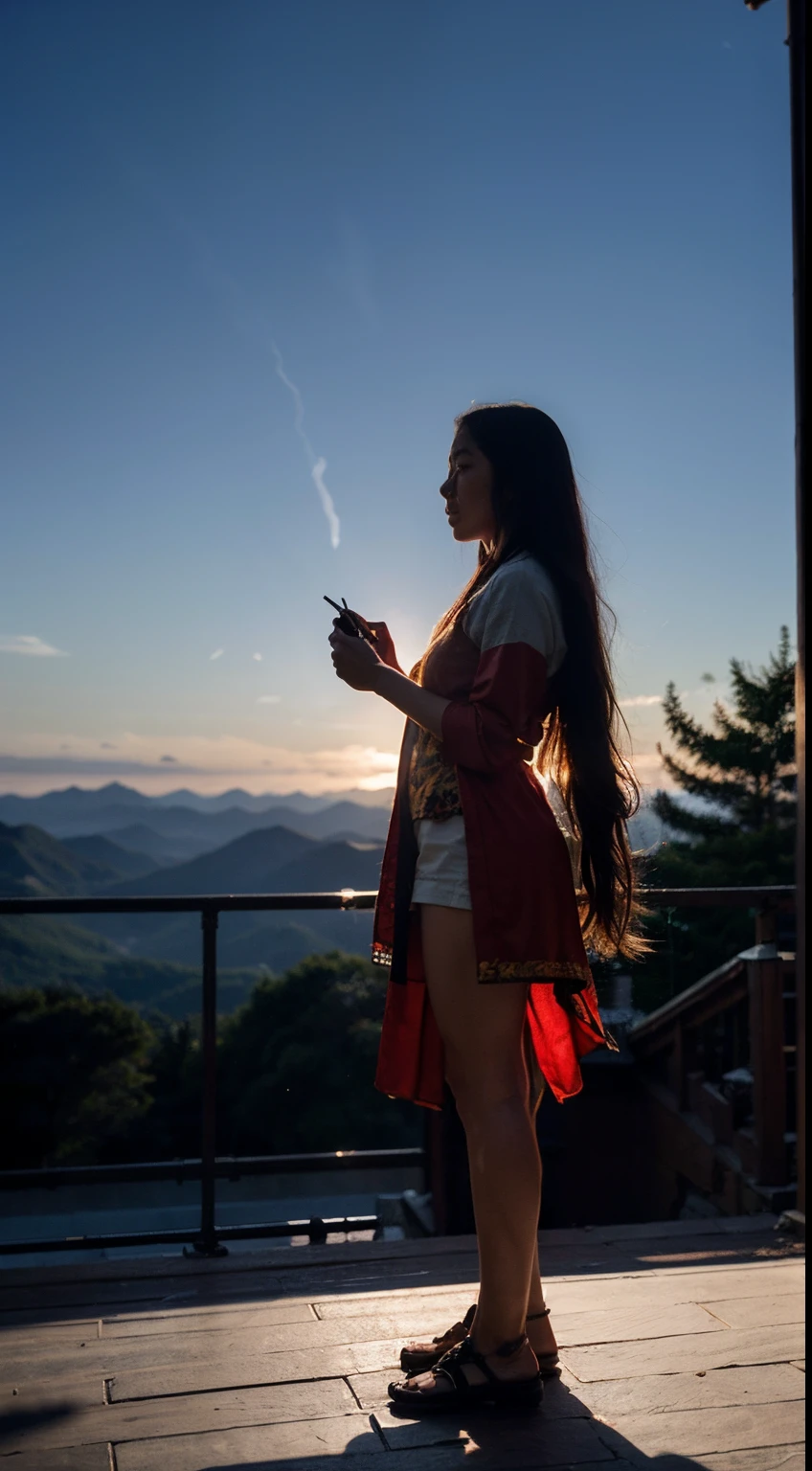 Chinese,Taoist Elder,write-haired with Long hair fluttering,Standing, silhouette,go through all the vicissitudes of life,high quality,Long beard,Immortal bone,The pinnacle of the mountain。