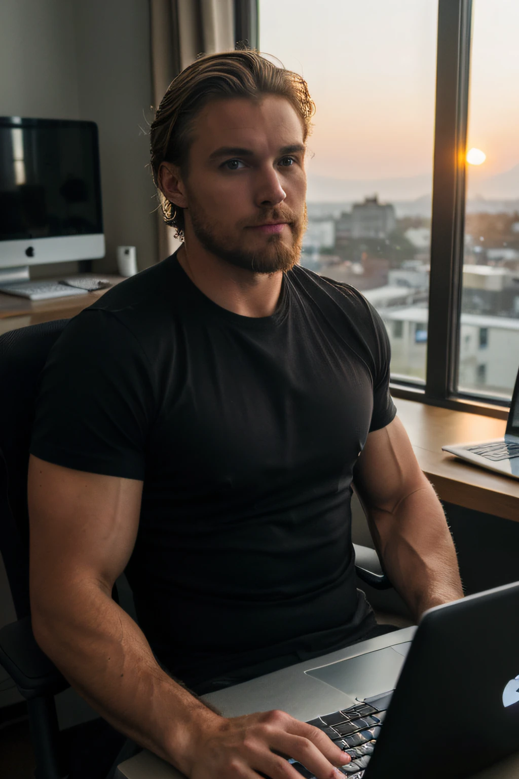 handsome guy model, 30 years, black t-shirt, Bareshes, with a beard, with short blond wavy hair, blue eyes, fat lips, defined muscles, fit, man sitting at a desk with a laptop on his lap, with a laptop on his lap, sitting in front of a computer, Working on a laptop at a desk, sunsettime, sitting at a computer, with sunset, digital artist, morning hour, at sunrise, artistic pose, in front of a computer, Exceptional detail, Shutterstock, full plan, highest detailed face, Darmatic lighting, photoshoot, realistic photo