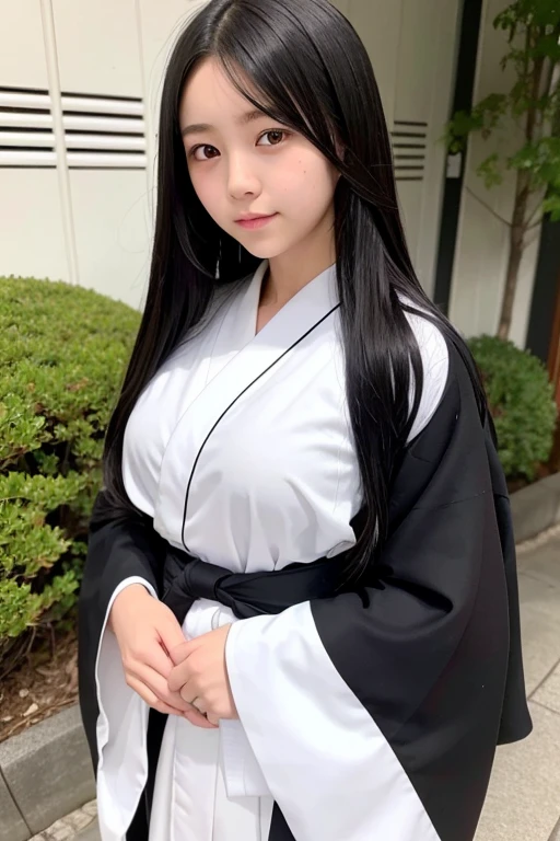 A high schoolwith long black hair wearing a white kimono and black hakama