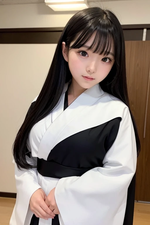 A  high schoolwith long black hair wearing a white kimono and black hakama