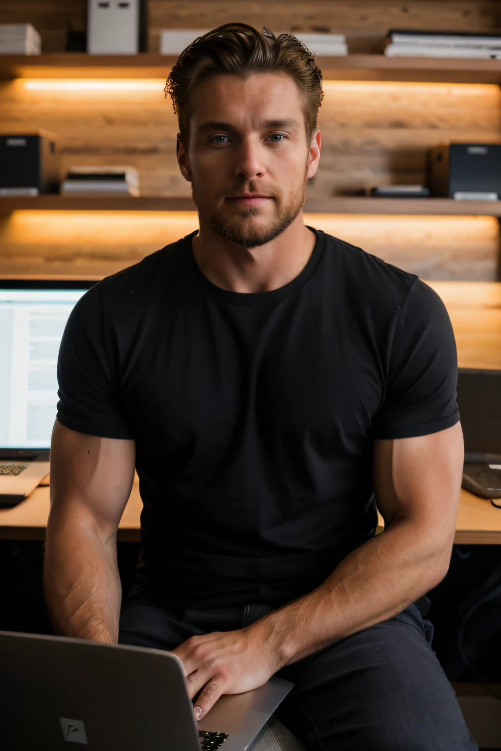 handsome guy model, 30 years, black t-shirt, Bareshes, with a beard, with short blond wavy hair, blue eyes, fat lips, defined muscles, fit, man sitting at a desk with a laptop on his lap, with a laptop on his lap, sitting in front of a computer, Working on a laptop at a desk, sunsettime, sitting at a computer, with sunset, digital artist, morning hour, at sunrise, artistic pose, in front of a computer, Exceptional detail, Shutterstock, full plan, highest detailed face, Darmatic lighting, photoshoot, realistic photo