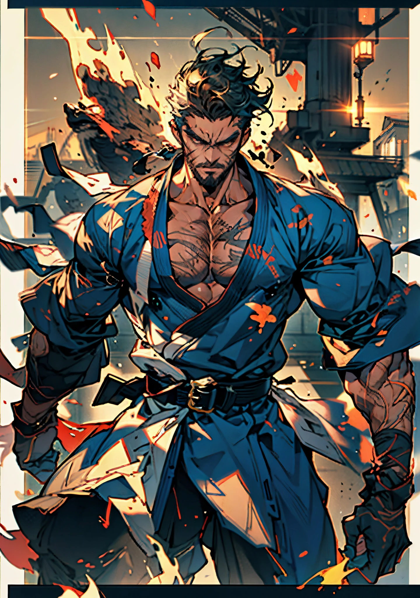 A middle-aged man around 50, short black hair tinged with white, a vertically upright hairstyle, thick eyebrows, round and large eyes, scars are present on the eyes and the bridge of the nose, a full beard, a muscular and robust physique, loose martial arts-style robes, rolled-up sleeves, cloth wrist guards, a linen belt around his waist, tattered hem, matching coarse fabric pants, the background is within a tidy dojo, this character embodies a finely crafted fantasy-realistic style martial artist in anime style, exquisite and mature manga art style, high definition, best quality, highres, ultra-detailed, ultra-fine painting, extremely delicate, professional, anatomically correct, symmetrical face, extremely detailed eyes and face, high quality eyes, creativity, RAW photo, UHD, 8k, Natural light, cinematic lighting, masterpiece-anatomy-perfect, masterpiece:1.5