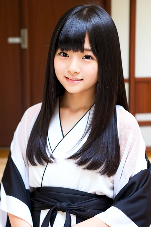 A junior high school girl with long black hair wearing a white kimono and black hakama