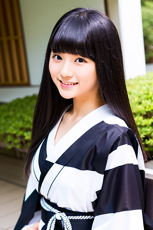 A high schoolwith long black hair wearing a white kimono and black hakama