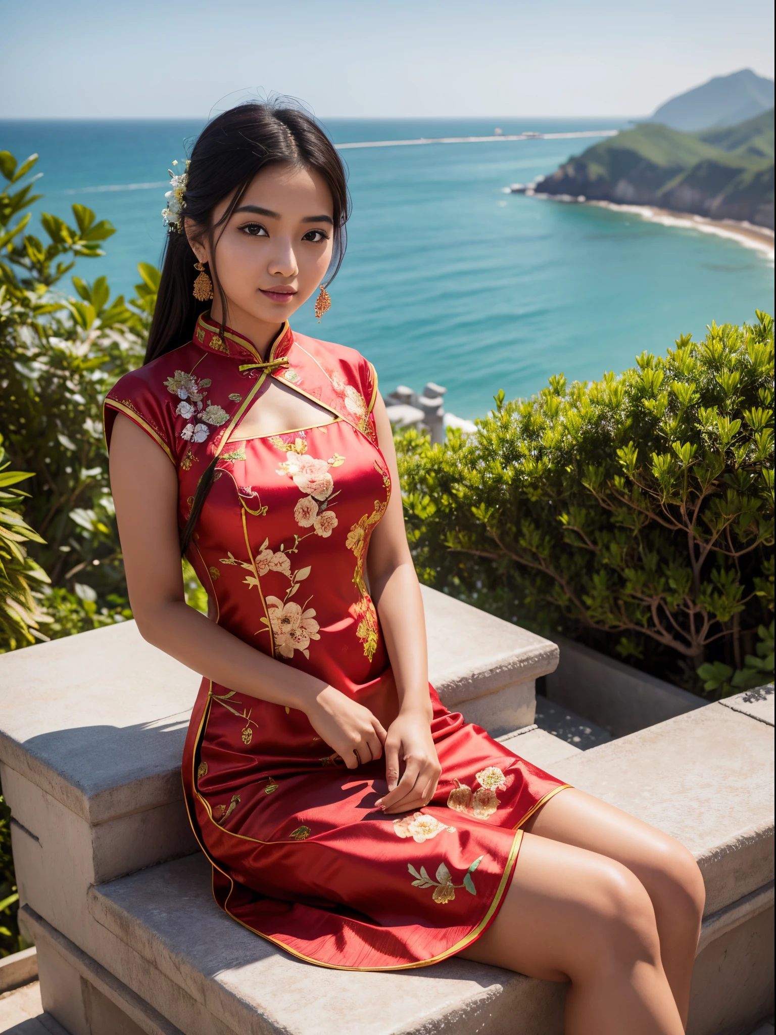 (best quality,highres:1.2),ultra-detailed,beautiful Chinese-Indian mix girl in a traditional cheongsam, on the garden, overlooking the beach and sea view