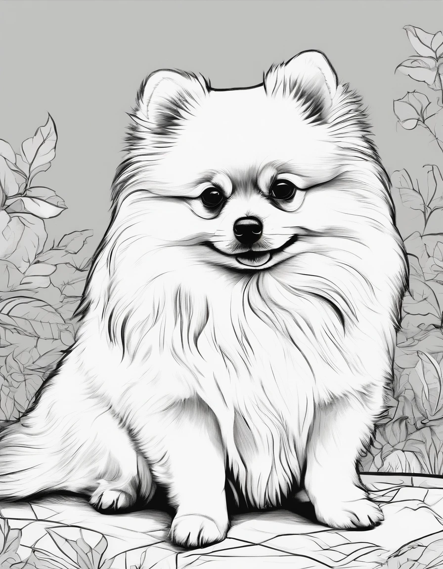 Pomeranian dog sitting outside, for coloring page, high quality, black and white, no shading