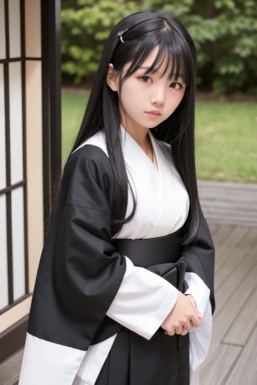 A high schoolwith long black hair wearing a white kimono and black hakama