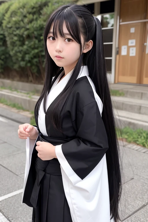 A  high schoolwith long black hair wearing a white kimono and black hakama