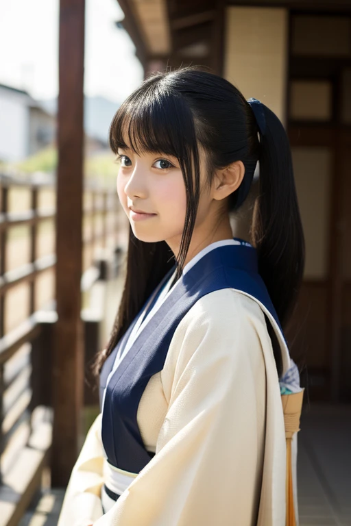 A junior high school girl with long black hair wearing a white kimono and black hakama