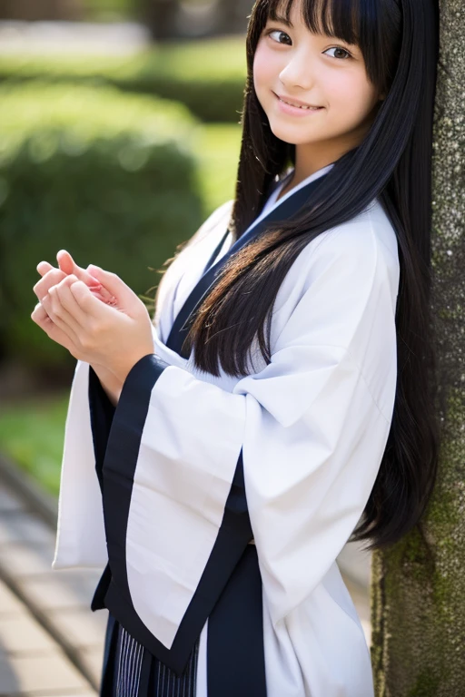 A junior high school girl with long black hair wearing a white kimono and black hakama