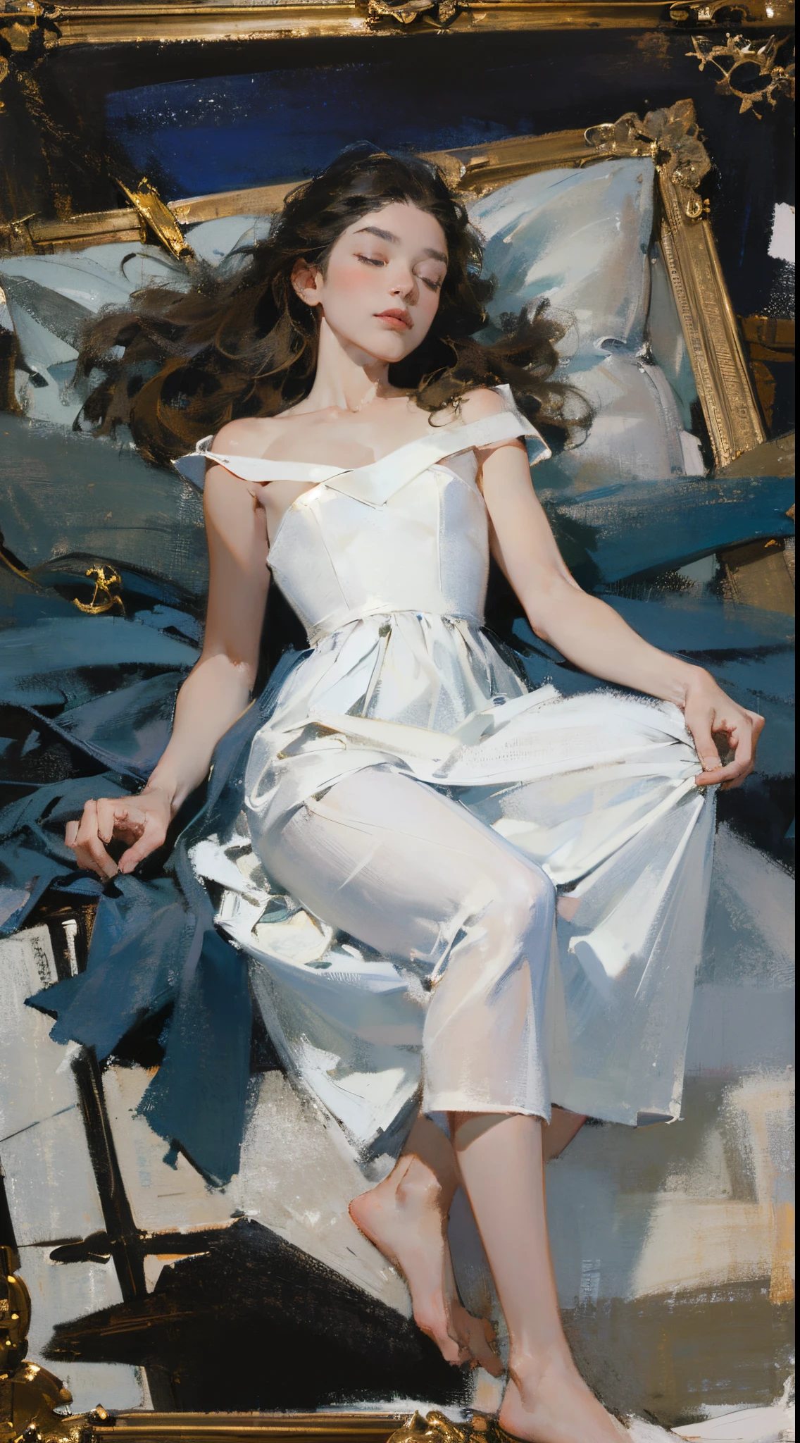 ((Superior quality, 16k, masterpiece: 1.3)), (Beauty, 1 girl, sleeping at the bottom of the sea, dark maritime scenery, white dress).