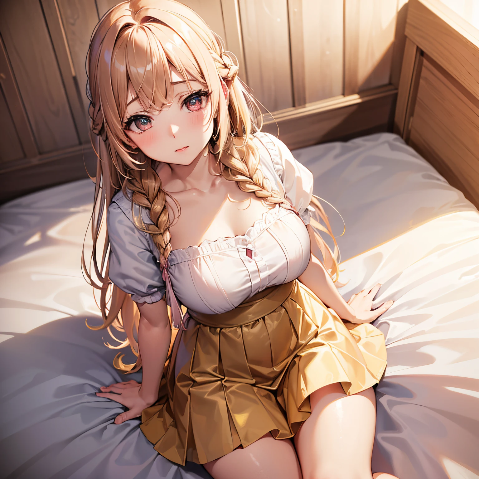 from above, super high quality, (8k, RAW photo, realistic), wearing light pink dress, skirt lift. light brown flowing layered braided bangs medium hair, beautiful cute woman, shining gold big eyes, annoying sexy expressions, medium breasts, slender, perfect proportion, background gorgeous bed room