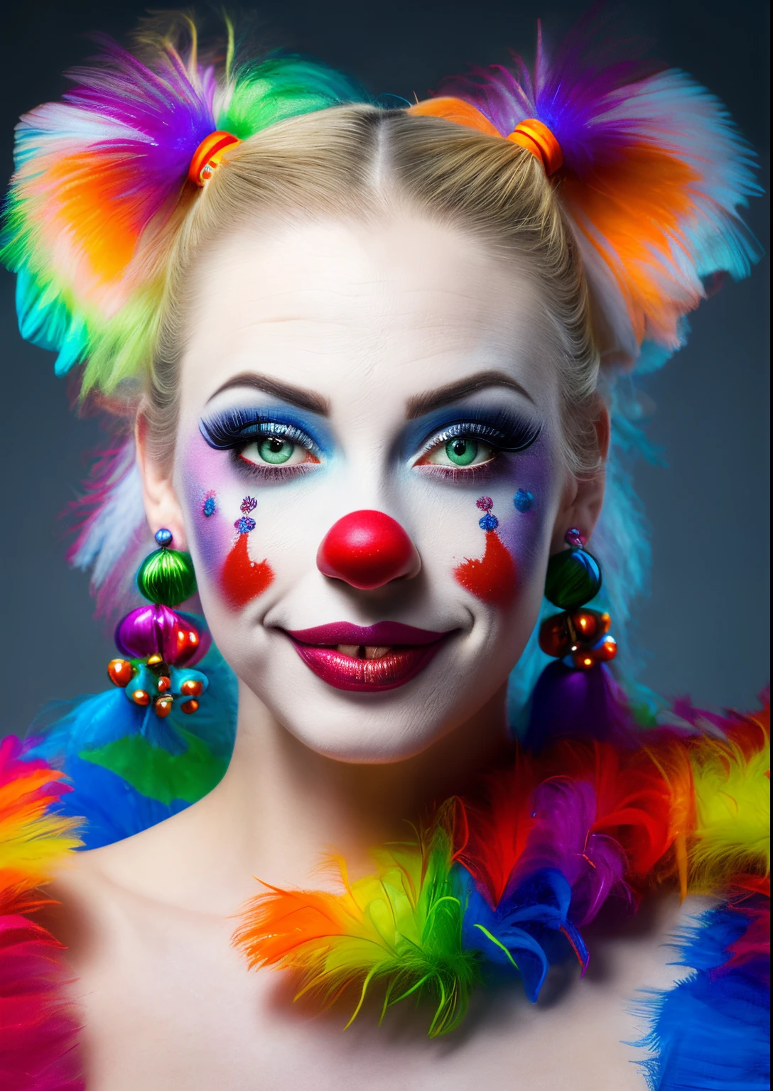 (best quality,4k,highres,ultra-detailed,realistic:1.2),vividly colored,professional,portrait,medium:clown,female,beautiful detailed eyes and lips,dressed colorfully,playfully waving feather,detailed pigtails with bows,small painted nose,fluffy feather,engaging expression,circus themed,expressive gaze,colorful background,studio lighting
