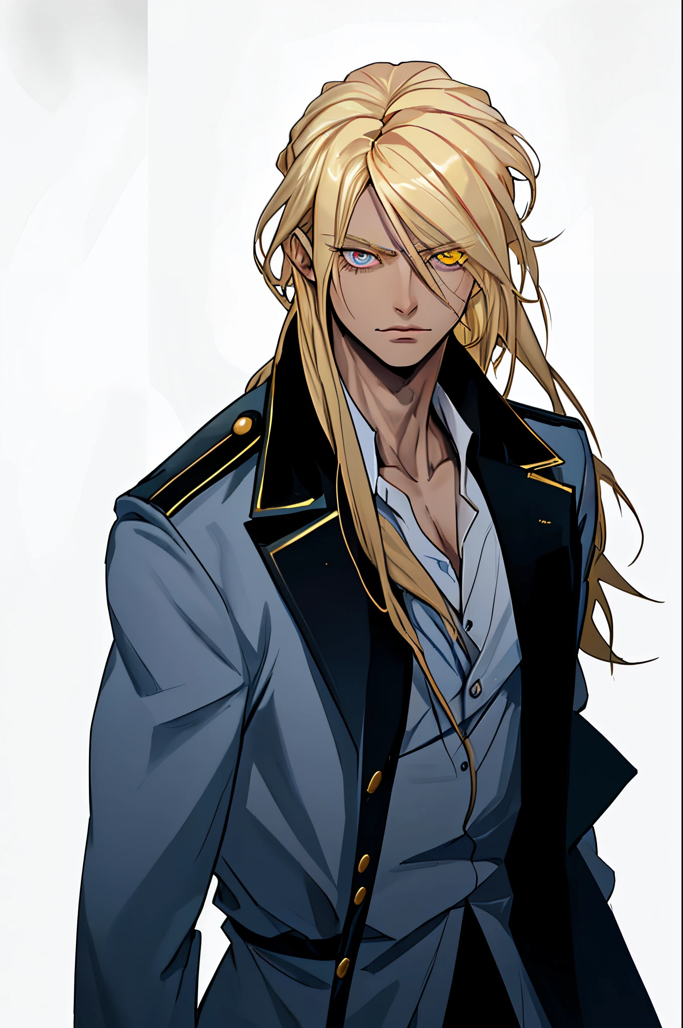 Long blonde hair,The left eye is a golden eye,both eyes are there,There is a scar on the left eye