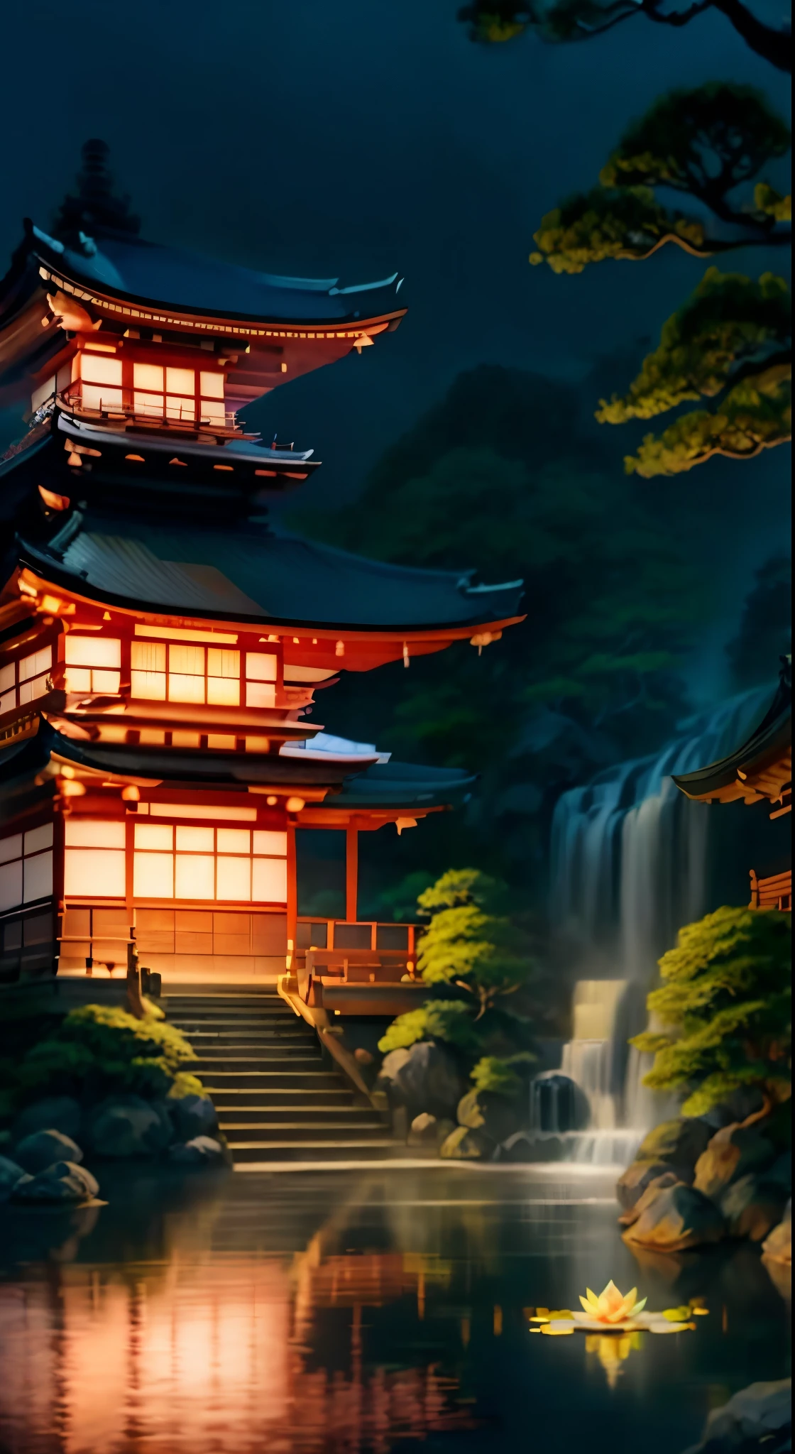 Japan architecture、Five-storied Pagoda、Kinkakuji Temple、large waterfall、An island inside a waterfall basin、fullmoon、natta、flowingwater、Japanese garden、lotus pond、Fantastical、Mystical、A world where celestial maidens fly、Realistic lighting、high-level image quality、top-quality、masterpiece