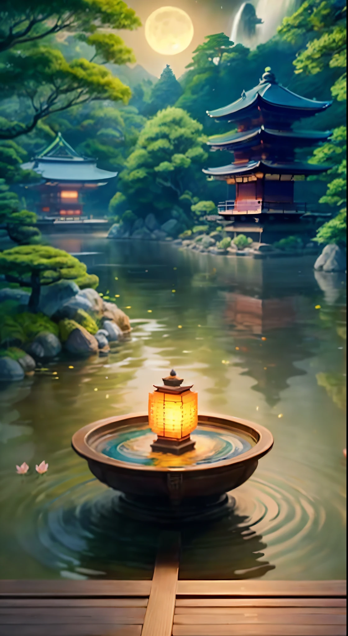 Japan architecture、Five-storied Pagoda、Kinkakuji Temple、large waterfall、An island inside a waterfall basin、fullmoon、natta、flowingwater、Japanese garden、lotus pond、Fantastical、Mystical、A world where celestial maidens fly、Realistic lighting、high-level image quality、top-quality、masterpiece