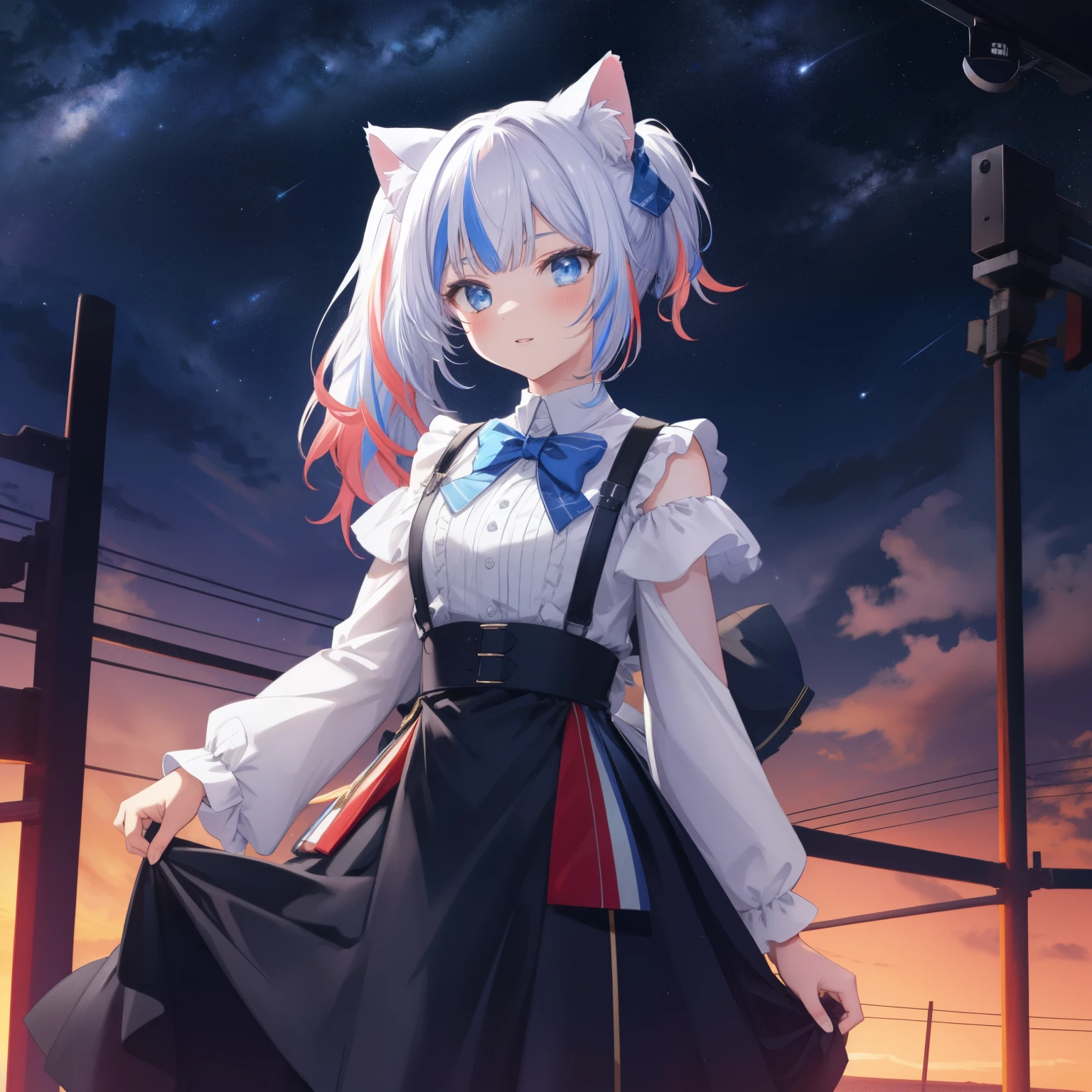 Best Quality, 4k Wallpaper, Masterpiece, Extremely detailed CG unity 8k wallpaper, very detail eyes, Ultra-detailed, 1Girl, Solo, (mouth), multicoloured hair, Blue Eyes, side ponytail, shirt, cat ear, Standing, night sky, The starlight reflects, Betelgeuse, completely dark night time, The Milky Way shines in the night sky. flatland